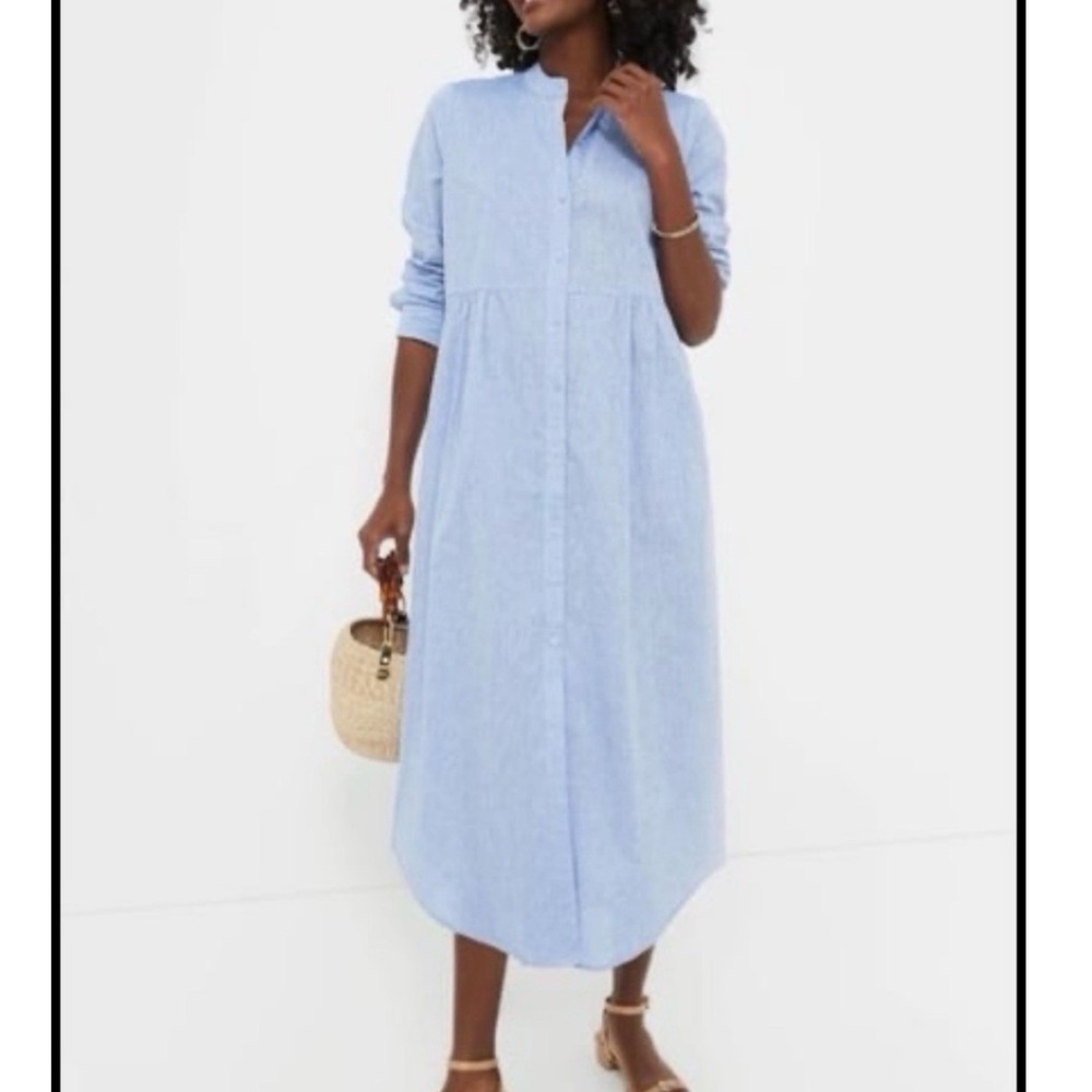 Tuckernuck Blue Linen Cotton Button Front Midi Shirt Dress XL Pockets Coastal